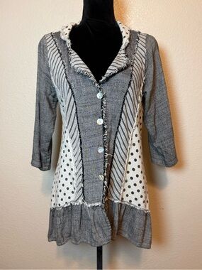 Paper Lace Mixed Media Patchwork Button Up Top Gray Cream Stripes Dots Small